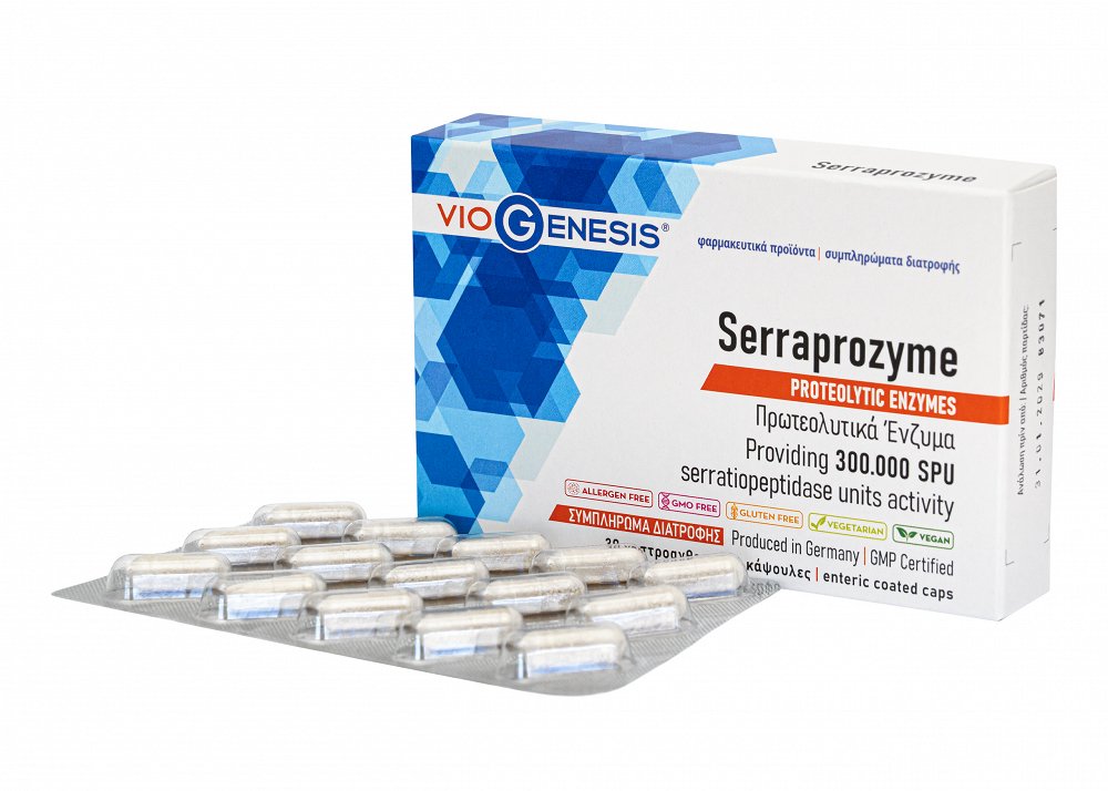 Viogenesis Serraprozyme 300,000 SPU – Digestive Enzymes with Alkaline Protease & Aspergillus oryzae | 30 Enteric-Coated Capsules