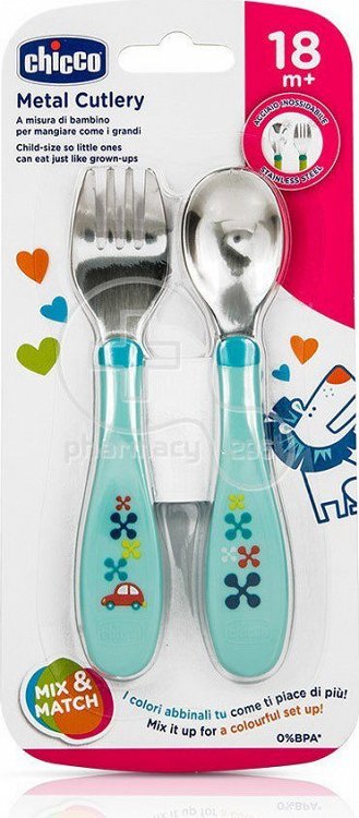 Chicco Baby Cutlery Set with Metal Fork Blue for 18+ Months, 2 pcs