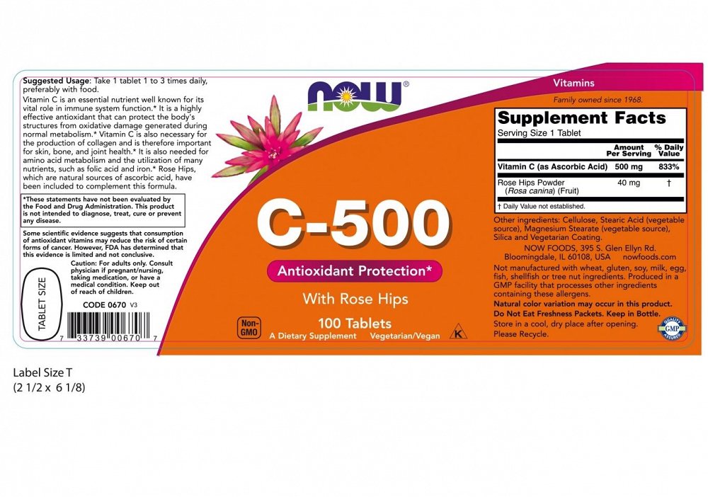 Now Vitamin C-500 (with Rose Hips), 100Tabs
