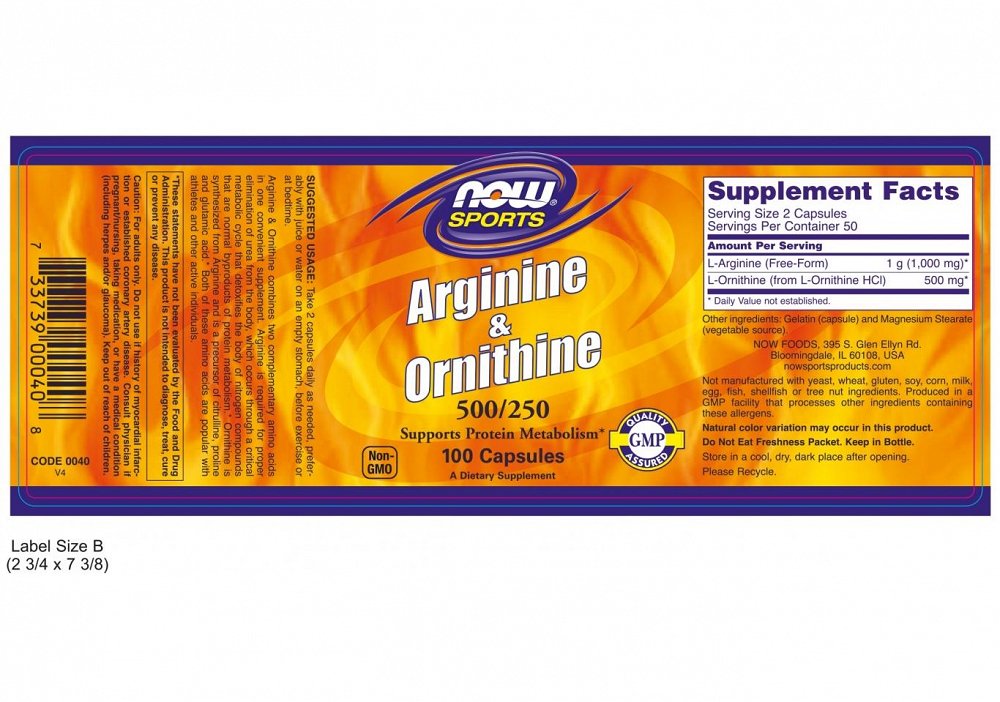 Now L-Arginine & Ornithine 500/250 mg, 100Caps