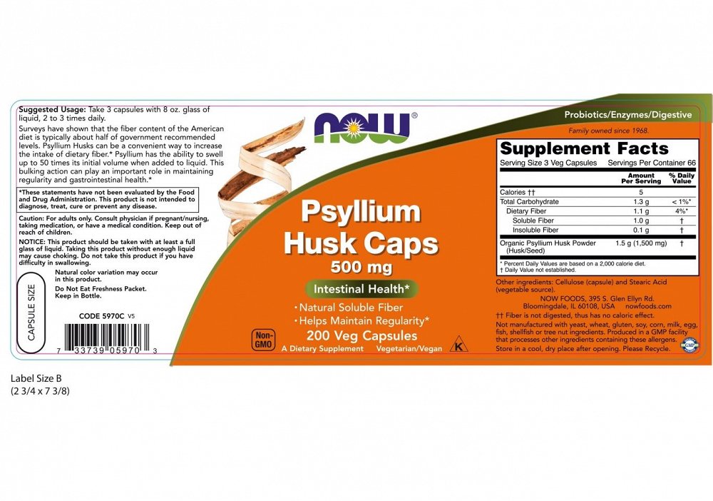 Now Psyllium Husk 500 mg, 200Caps