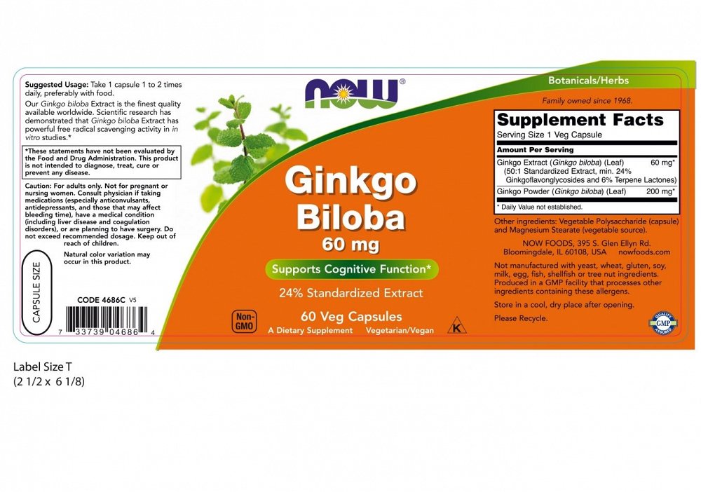 Now Ginkgo Biloba 60mg, 60 V.Caps