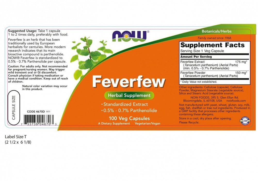 Nowfoods FEVERFEW 400mg 100 CAPS Migraine headaches