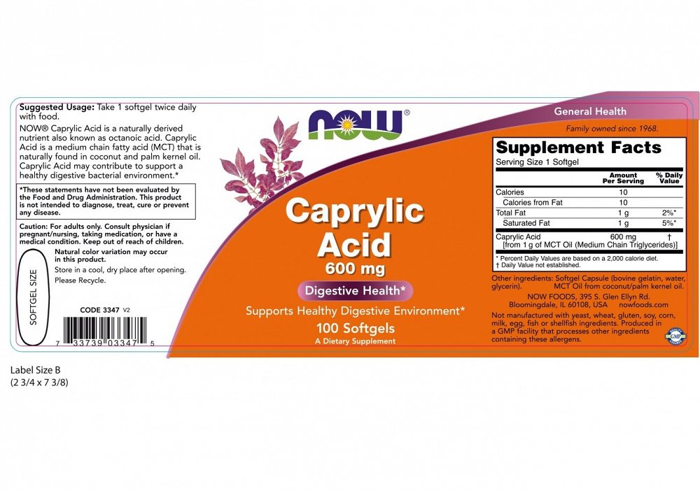 Now Caprylic Acid 600 mg, 100Caps