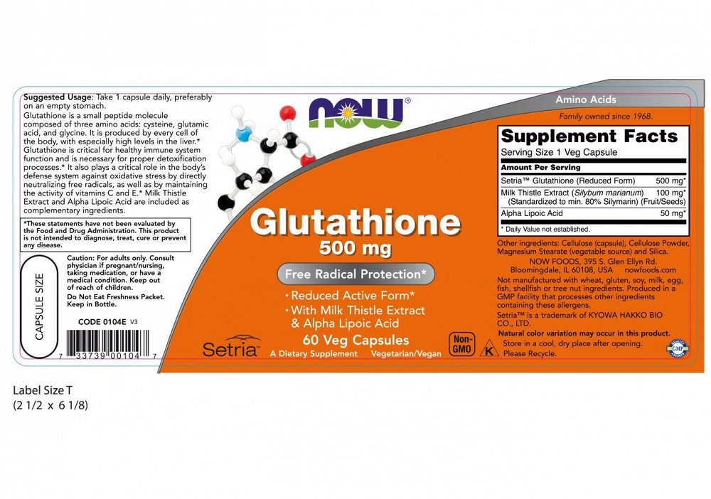 Now Glutathione 500 mg, 60V.Caps