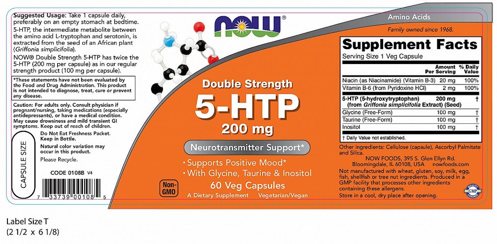 Now Double Strength 5-HTP 200mg, 60V.Caps