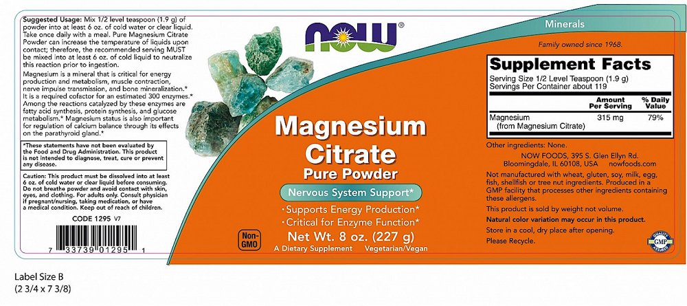 Now Magnesium Citrate Pure Powder, 227g