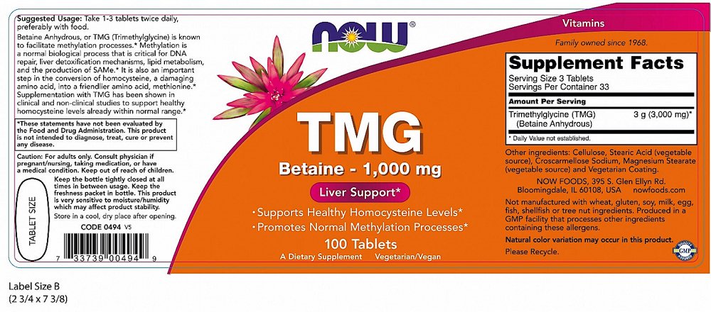 Now TMG (Trimethylglycine) 1.000mg, 100Tabs