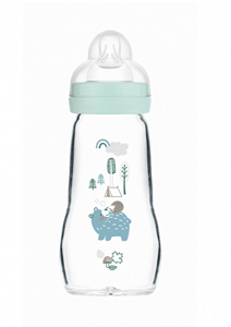 Mam Glass Feel Good Bottle with Silicone Nipple 260ml for 2+ Months Blue Hedgehog
