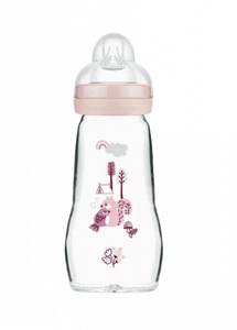 Mam Glass Bottle Feel Good with Silicone Nipple for 2+ Months Pink Cat-Flowers 260ml
