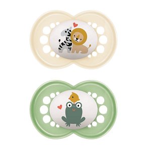 Mam Orthodontic Silicone Pacifiers Original 6-16 Months – Lion/Frog Design, Beige & Green 2 pcs