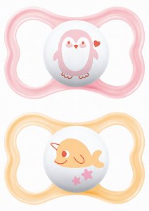 Mam Orthodontic Silicone Pacifiers Air 6–16 Months – Pink/Salmon Design – Penguin & Whale (2 pcs)
