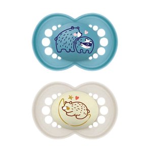 Mam Orthodontic Silicone Pacifiers Original Day and Night 16+ Months – Bear Design, Blue & Beige 2 pcs